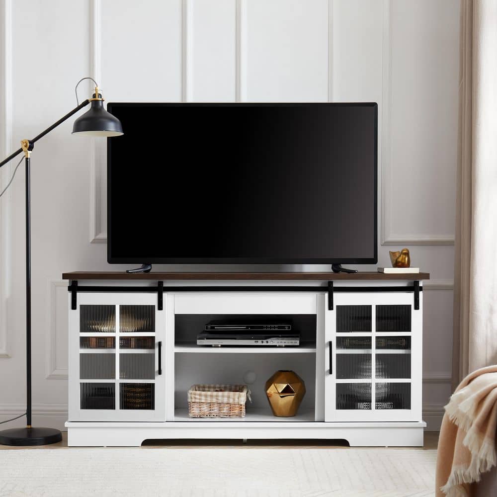 Seafuloy White + Brown TV Stand Entertainment Center Fits TVs Up to 60 to 65 in. with Sliding Fluted Glass Doors Yst-TV9946