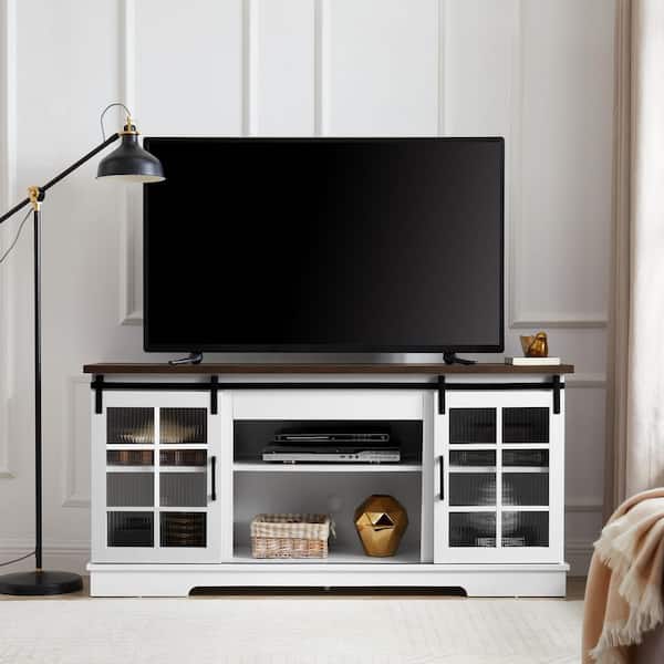 White + Brown TV Stand Entertainment Center Fits TVs Up to 60 to 65 in. with Sliding Fluted Glass Doors