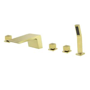 3-Handle Deck-Mount Roman Tub Faucet with Hand Shower,Waterfall Spout Bathtub Shower Faucet with 5 Hole in Brushed Gold