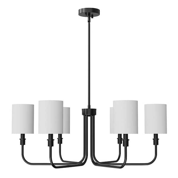 YANSUN 33 in. 6-Light Black Farmhouse Chandelier with White Linen Cylinder Fabric Shades