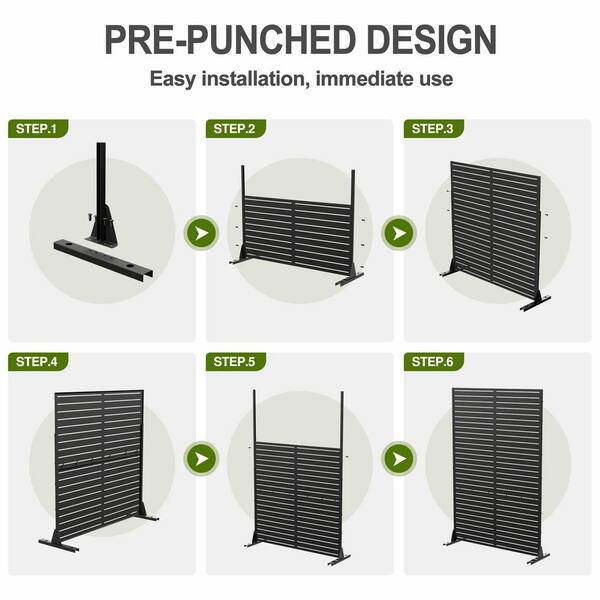 Cadeninc Metal Freestanding Privacy Fence Panel - Fishbone Pattern, Black | 3.92 ft x 6 ft