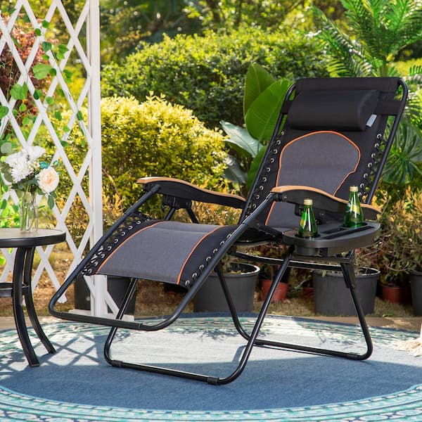 PHI VILLA Zero Gravity Lounge Chair Folding Padded Recliner With Wooden Armrest Oversized Outdoor Indoor Black