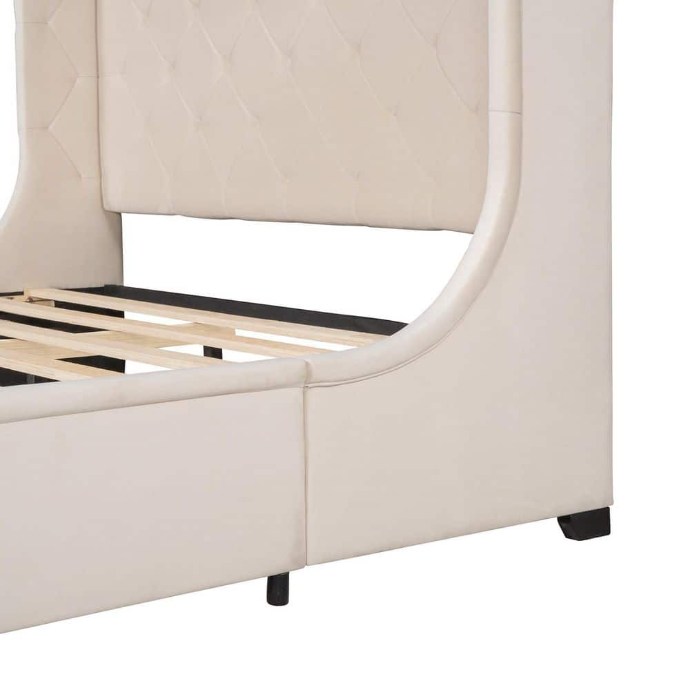 Beige Velvet Upholstered Queen Platform Bed with Storage Drawer