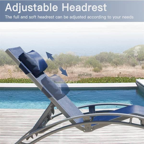 Set of 2 Patio Recliner Chairs Adjustable Outdoor Chaise Lounge with Adjustable Backrest and Removable Pillow in Blue