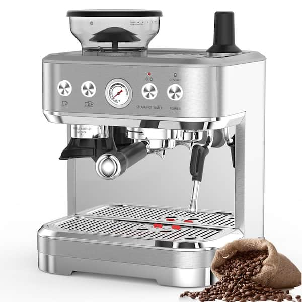 2 Cups 15 Bar Silver Semi-Automatic Espresso Machine Coffee Maker with Grinder and Milk Steamer