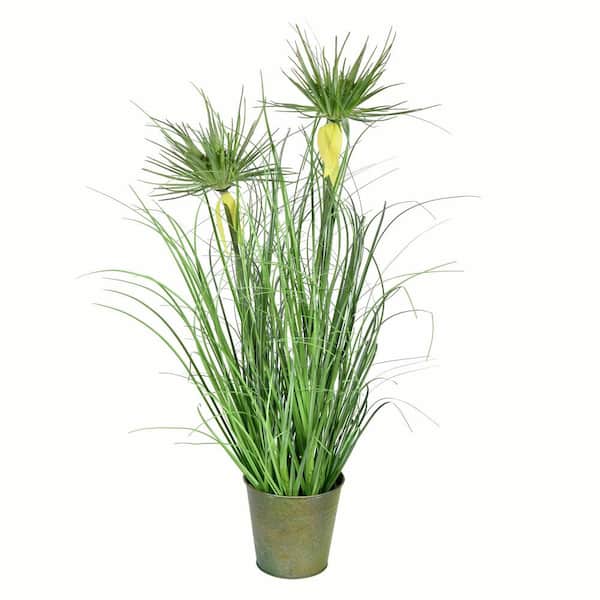 Vickerman 24 in Artificial Potted Green Grass and Cyperus Heads.