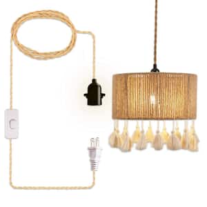 1-Light Natural Plug-in Brown Rattan Traditional Drum Pendant Light for Living Room Bedroom