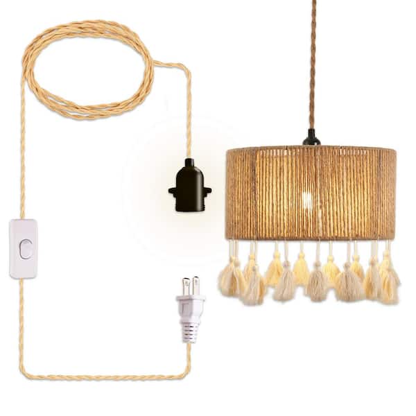 YANSUN 1-Light Natural Plug-in Brown Rattan Traditional Drum Pendant Light for Living Room Bedroom