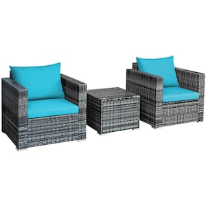 3-Piece Wicker Patio Conversation Set Outdoor Bistro Set with Turquoise Cushions
