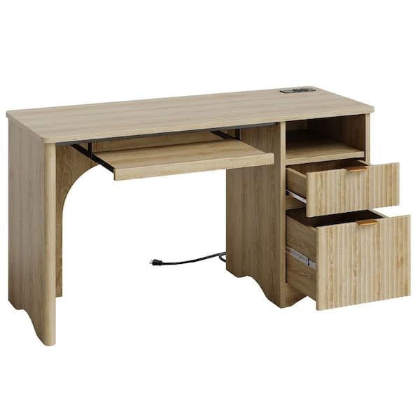 Bestier 55 in. Natural Office Desk with Power Outlets, 2-Storage