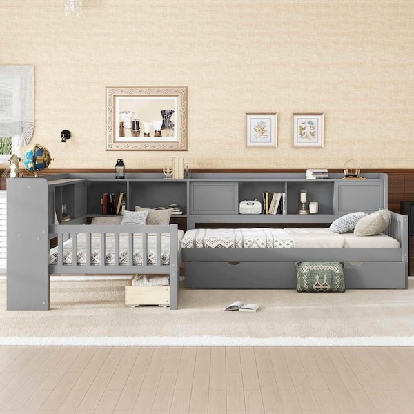 Gray Pine Wood Frame Twin Platform Bed with Trundle, Storage Drawers and Shelves