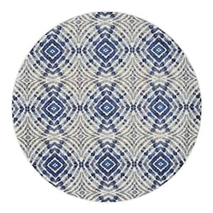 9' Round Ivory and Blue Abstract Area Rug