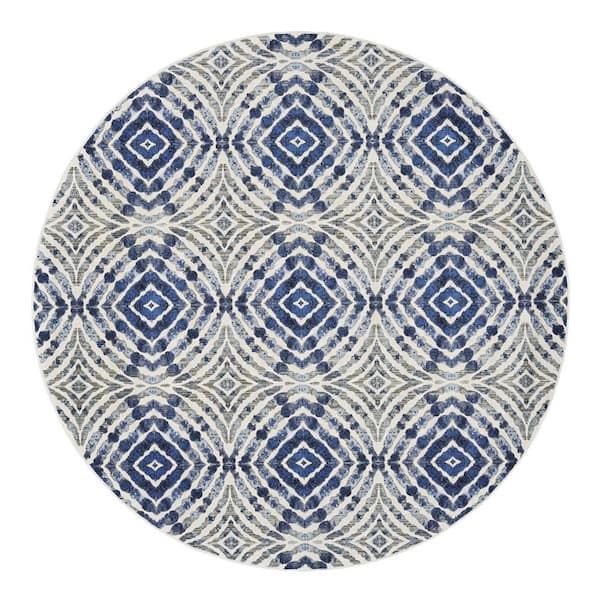 HomeRoots Ivory and Blue Abstract 9 ft. Round Area Rug