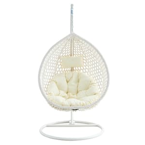 47 in. W White Wicker Patio Swing with Brown Cushion For Patio Balcony, Backyard, Bedroom