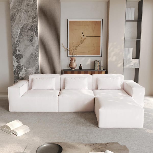 J&E Home 118 in. Square Arm Velvet Fabric L-Shaped Modular Sofa in Beige with Ottoman