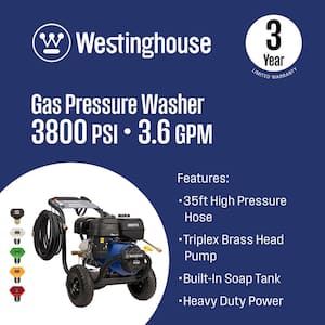 WPX 3800 psi 3.6 GPM 274cc Cold Water Gas Powered Triplex Pump Pressure Washer with 5 Quick Connect Nozzles