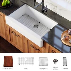 Quartz 34 in. Single Bowl Retrofit Farmhouse Apron Front Workstation Kitchen Sink in White