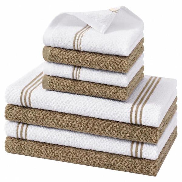 Khaki Rice Grain and Striped 100% Cotton Kitchen Towels, 8-Piece Set, Terry Cloth with Hanging Loops