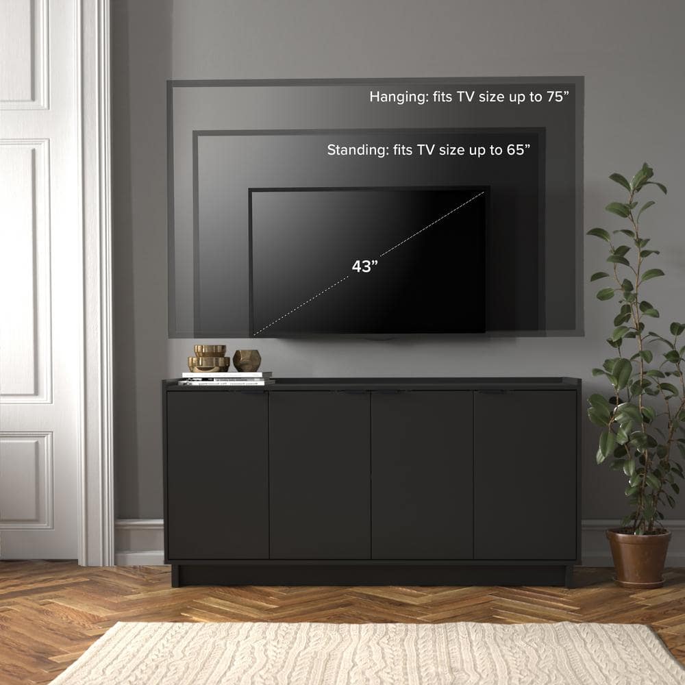 Prepac Black 4-Door Console Table with Adjustable Shelving