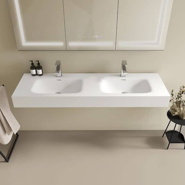 59 x 18 in. Solid Surface Wall Mount Bathroom Double Vessel Sink with Faucet Holes in Matte White