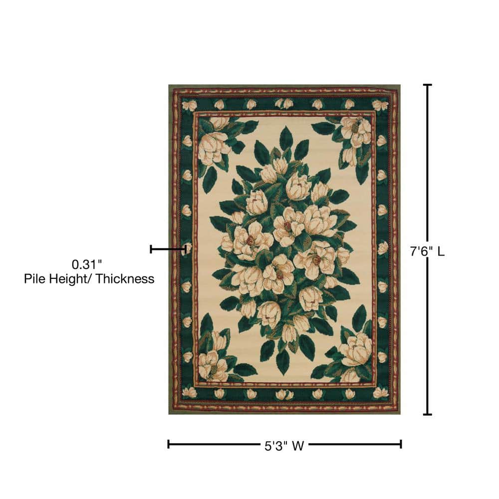 Cream Floral Polypropylene Area Rug with Green Accents, 5x8