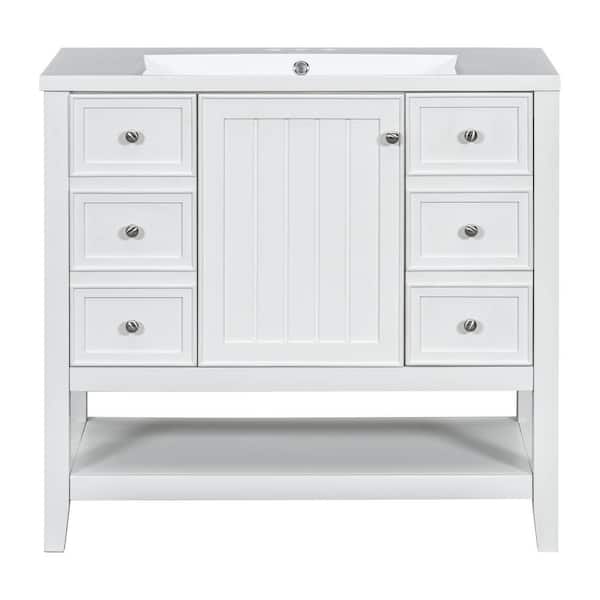 Virubi 36 in. W x 18 in. D x 34.1 in. H Single Sink Bath Vanity in White with White Ceramic Top, 3-Drawers and Adjustable Shelf