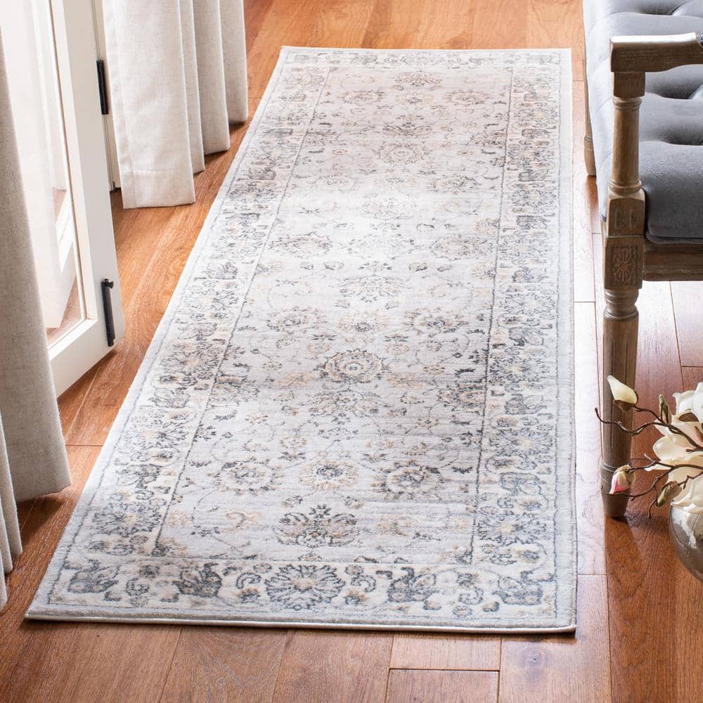 Isabella Light Grey and Cream Synthetic Floral Runner Rug
