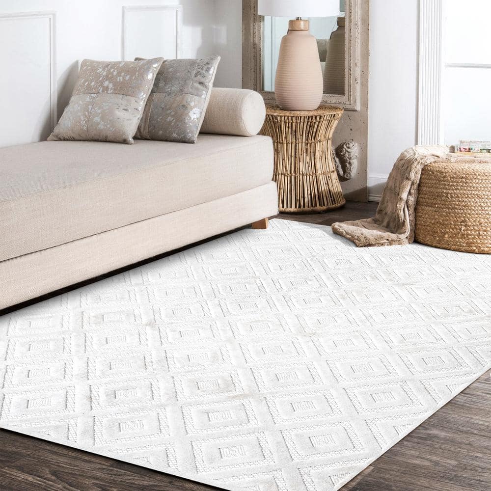 Ivory Geometric Synthetic Indoor/Outdoor Area Rug, 3 x 5