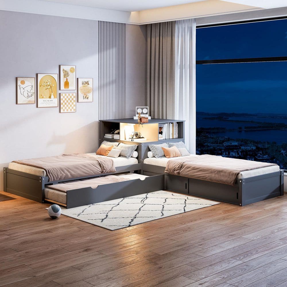 Gray Wood Frame Twin Size Platform Bed with Trundle, LED Light, Desk and Storage Cabinets