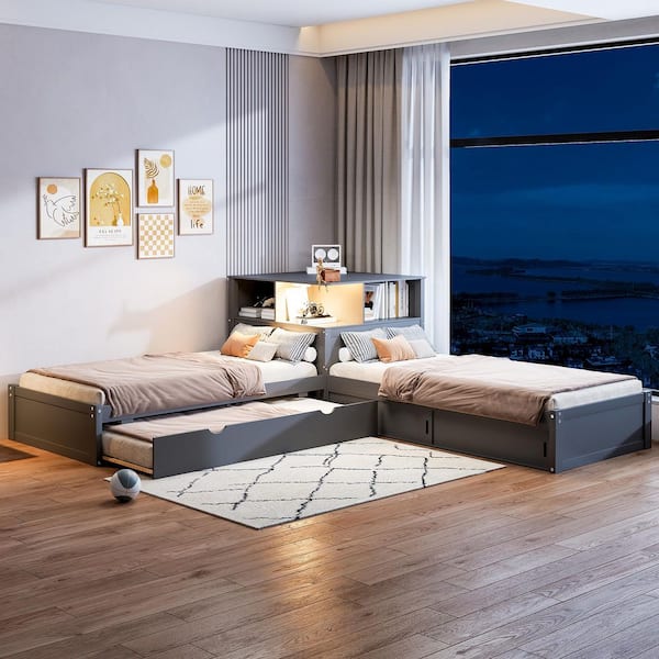 Gray Wood Frame Twin Size Platform Bed with Trundle, LED Light, Desk and Storage Cabinets