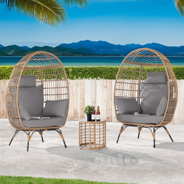 BFB 3-Piece Wicker Round Side Table Outdoor Bistro Set Wicker Egg Chair with Light Gray Cushion