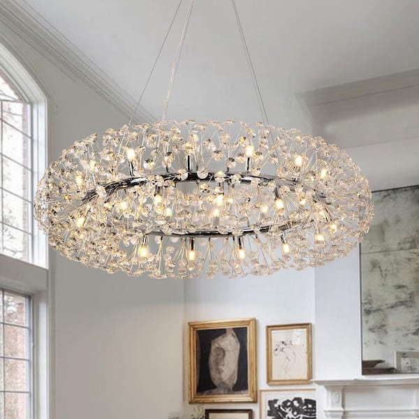 LLHZSY 40.6 in. 28-Light Chrome Modern Firework Crystal Chandelier, Wagon Wheel Chandelier Dimmable