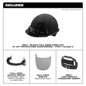 BOLT Black Type 1 Class E Full Brim Non Vented Hard Hat with 4 Point Ratcheting Suspension W/BOLT Gray Full Facesheild