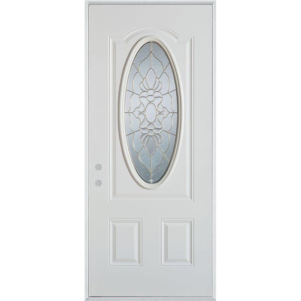 Stanley Doors 36 in. x 80 in. Traditional Brass 3/4 Oval Lite 2-Panel Prefinished White Right-Hand Inswing Steel Prehung Front Door