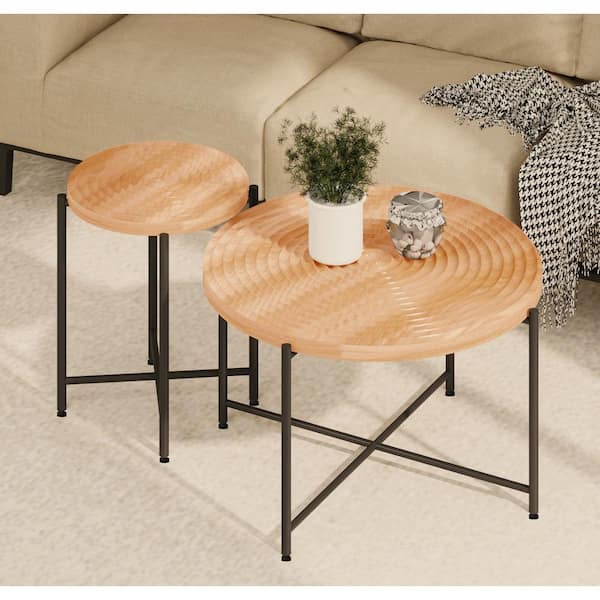 Unbranded 2-Pieces Round Outdoor Coffee Table, MDF End Table Set, Distressed Cylindrical Design, Natural Wood