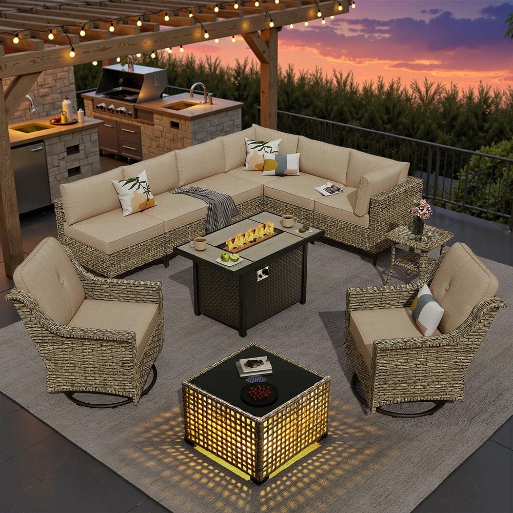 ポコ◆EVENFLOW イーブンフロー ビーチチェア カリフォルニア OVIOS Holly Gray 11-Piece Wicker Rectangle Fire Pit Patio