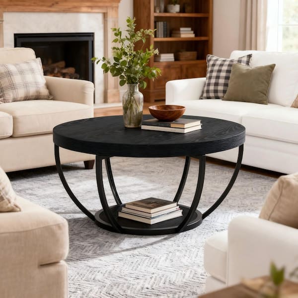 31.7 in. Farmhouse Black Round Wood Coffee Table with Storage, 2-Tier Small Modern Center Table for Living Room, Office