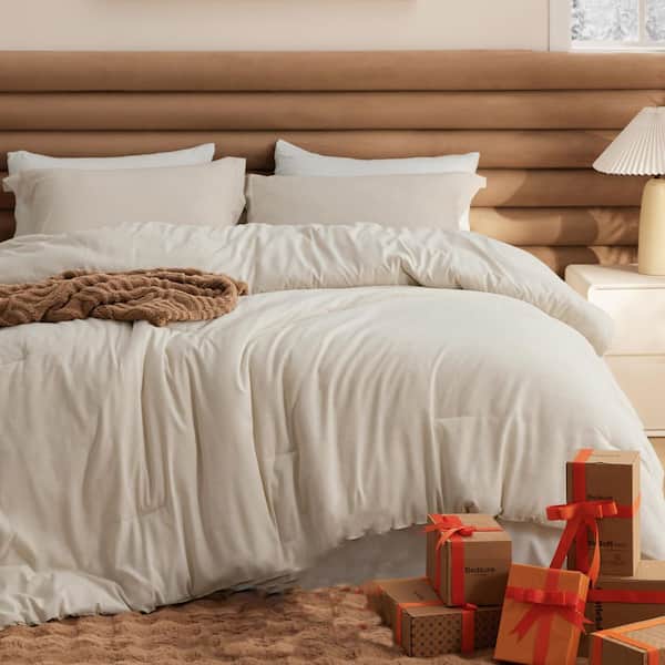 Beige Polyester 3 Pieces 1 Full Size Comforter and 2 Pillow Shams, Soft Bedding Comforter Set for All Seasons