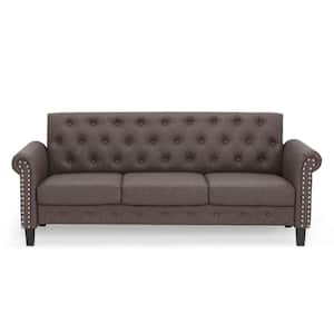 Bastia 68.9 in. Brown Faux Leather 3-Seater Chesterfield Sofa with Round Arms