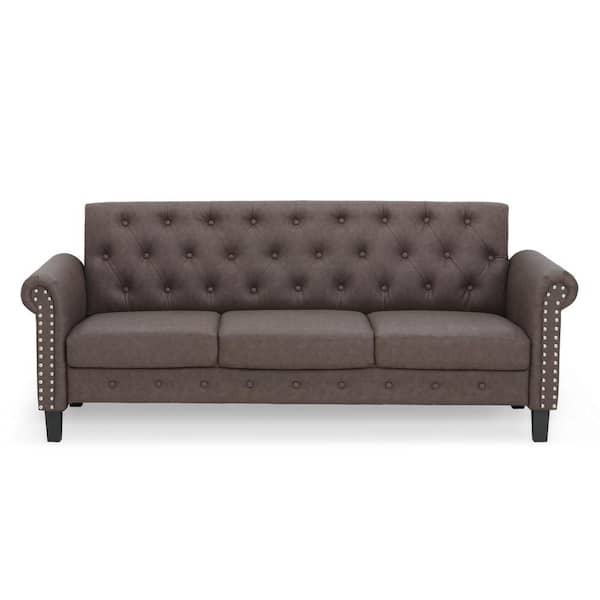 Furinno Bastia 68.9 in. Brown Faux Leather 3-Seater Chesterfield Sofa with Round Arms