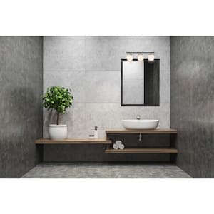 Elle 24 in. 3-Light Polished Nickel Retro Modern Vanity with Opal Glass Shades and Black Accent