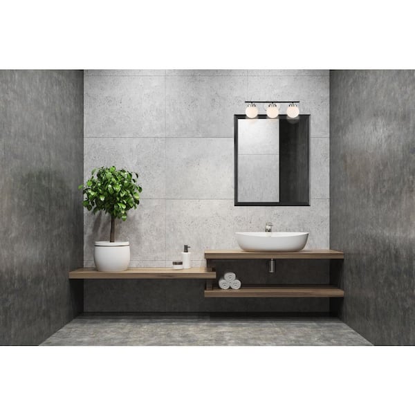 Elle 24 in. 3-Light Polished Nickel Transitional Vanity Light with Opal Glass Shades and Black Accents