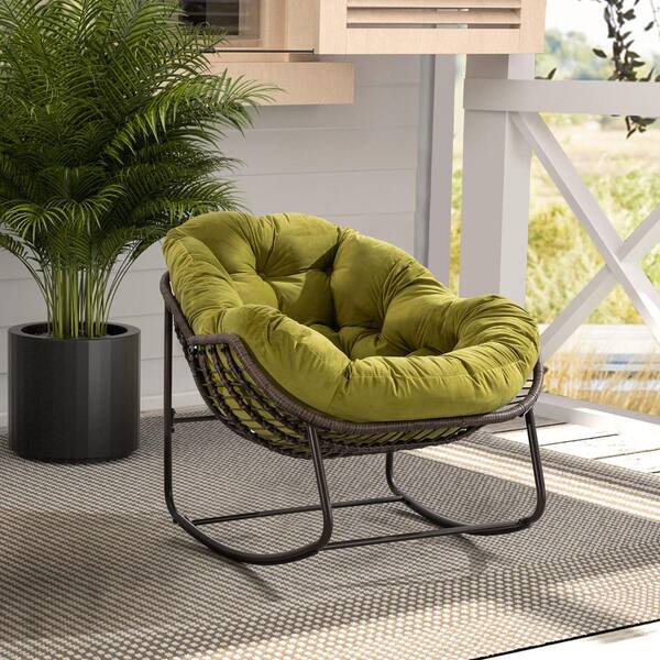 Unbranded 1-Piece Brown Wicker Outdoor Rocking Chair with Green Cushion