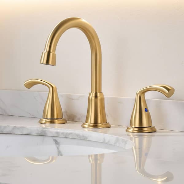 3 Hole 8 in. Widespread Double Handle Bathroom Faucet with Pop Up Drain in Brushed Gold