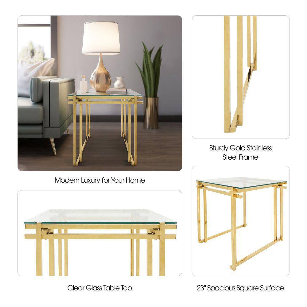 Elegant Gold Stainless Steel and Clear Glass Square Side Table