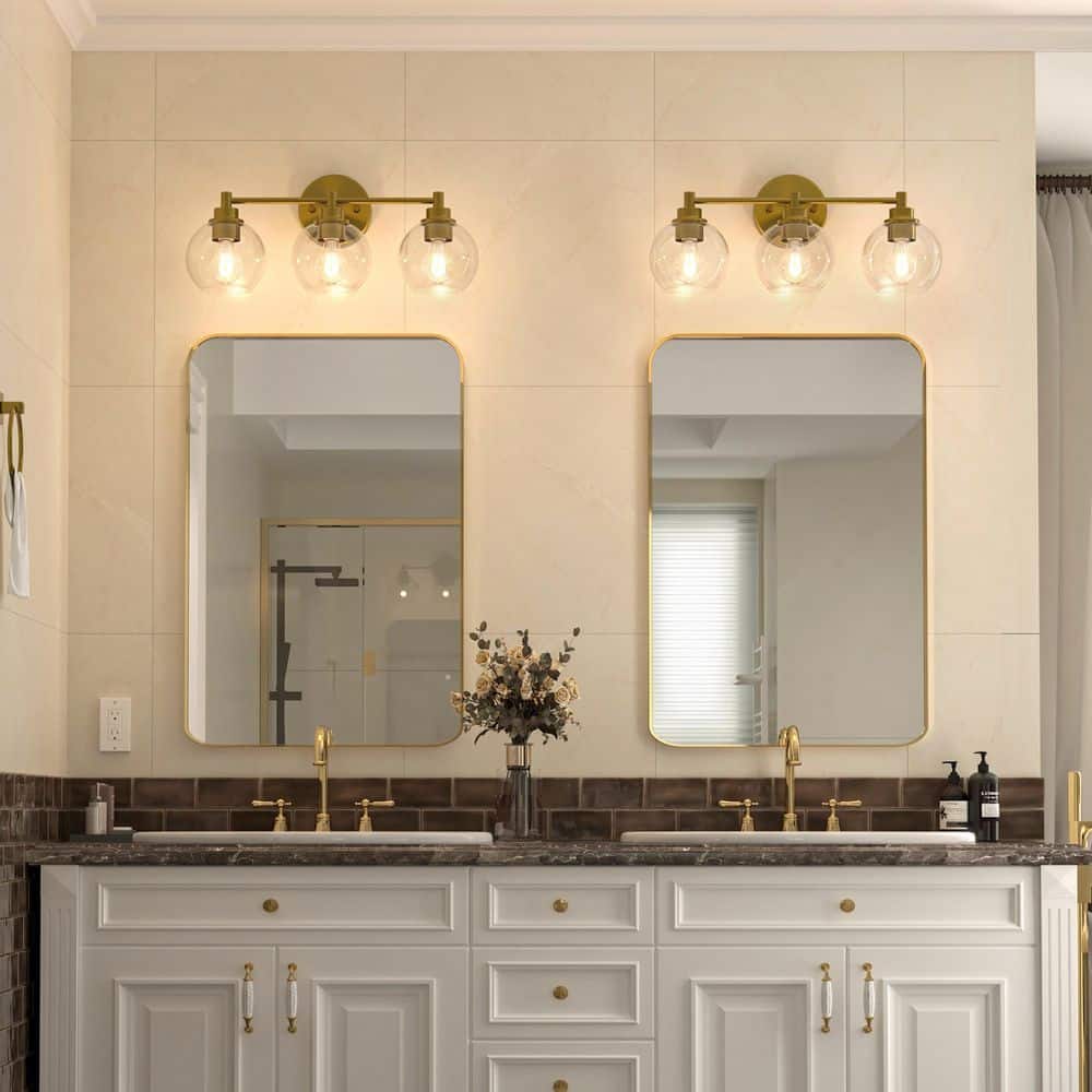 19.5 in. 3-Light Brushed Brass Vanity Light with Clear Glass Shade E26 Sockets for Bathroom Bedroom Hallway Living Room price history on PriceWatchPro