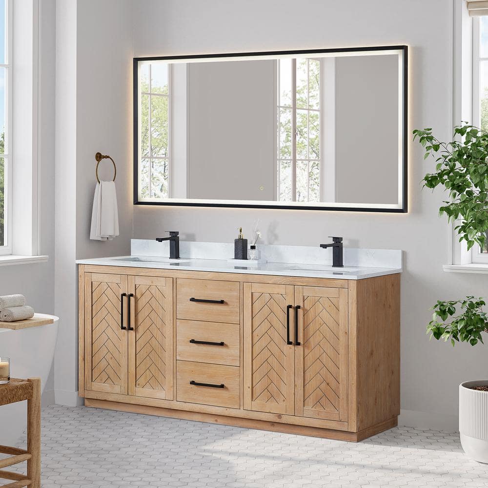 Anais 72" Light Brown Fir Wood Vanity with White Stone Top and Mirror