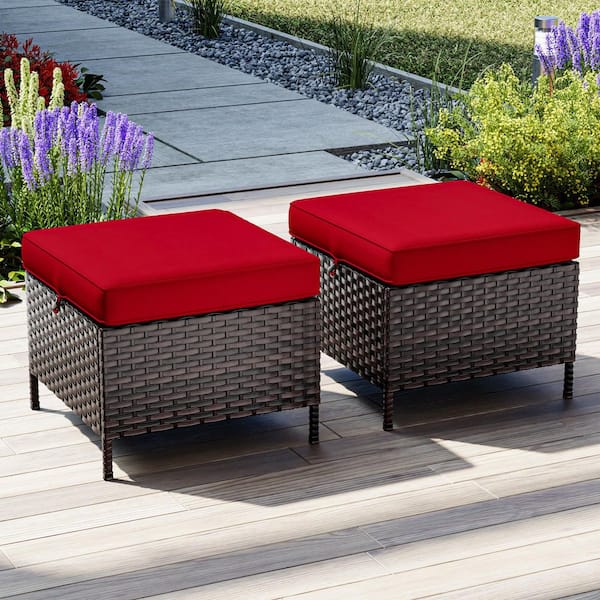 Dark Brown Wicker Outdoor Ottoman Patio Footstool with Red Cushion (2-Pack)