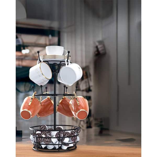 Unbranded 3-Tiers Handle Coffee Cup Holder for 10Mug Hooks with Cup Pods and Saucer Basket Storage for Bar Kitchen Counter (Black)