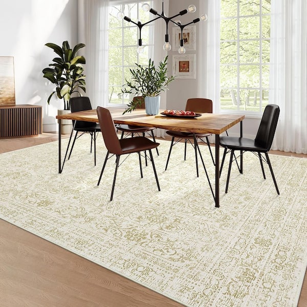 Beige Camel 8 ft. x 10 ft. Vintage Floral Carpet Short Pile Neutral Soft Rug Non-Slip for Bedroom Living Room